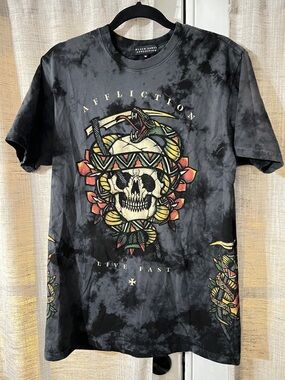 Affliction Black Tie-Dye Skull Graphic Tee with Red and Yellow Accents